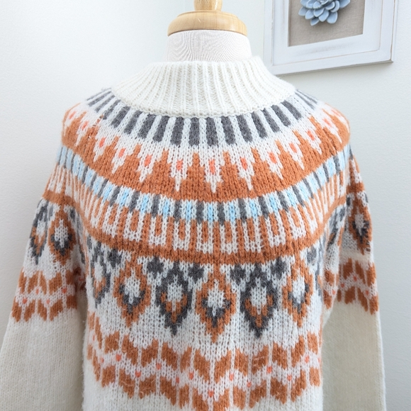 Aerie Fair Isle Mock Neck Oversized Chunky Knit Sweater Cream Rust Small - Picture 3 of 10